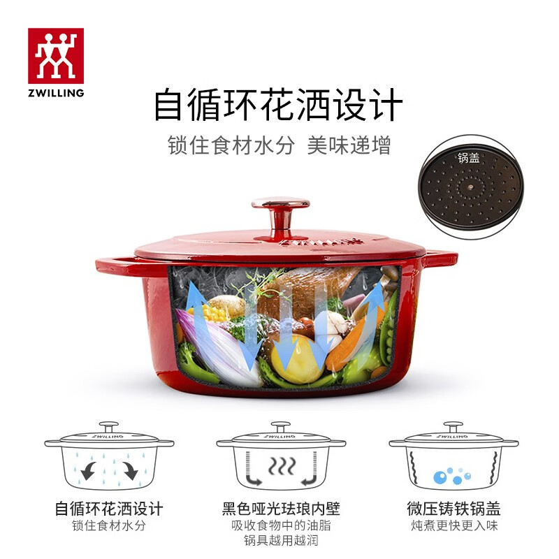 双立人(ZWILLING)珐琅锅汤锅炖锅平底锅铸铁锅双耳煲汤锅辅食锅锅具电磁炉燃气通用 20cm红色40501-463高清大图