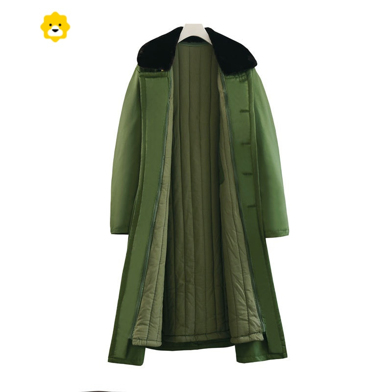 fish basket棉大衣军绿长款加绒棉衣服男外套加厚冷库防寒东北大棉袄