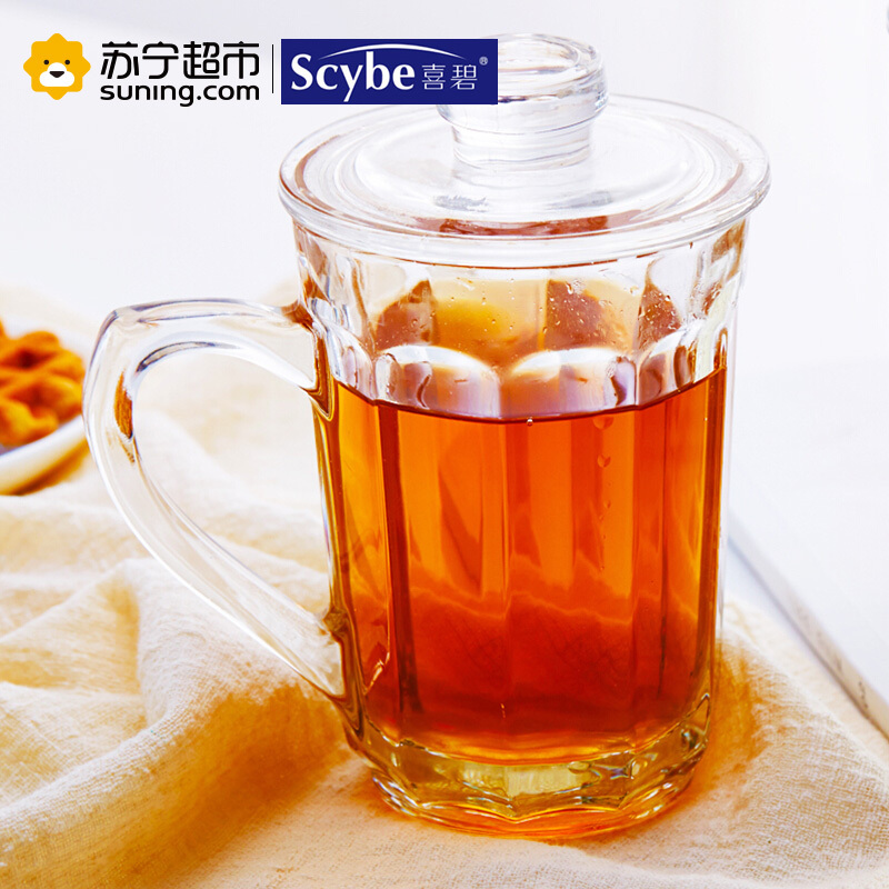 scybe喜碧加厚耐热玻璃茶杯透明泡茶玻璃杯带盖高硼硅水杯335ml 单只