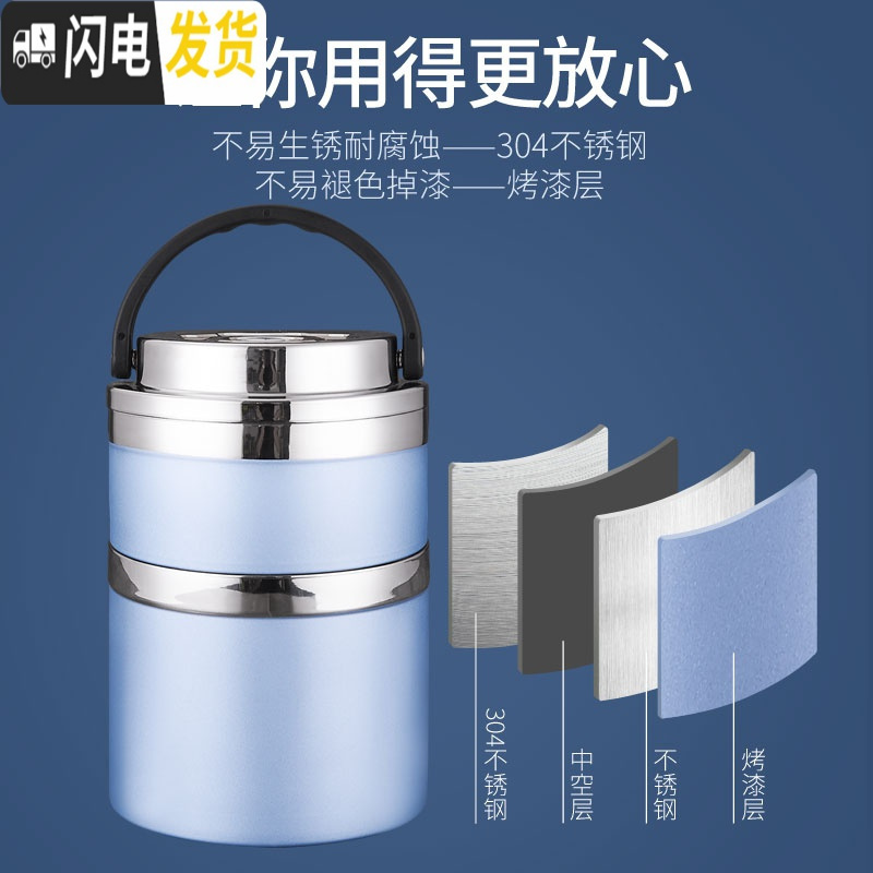 三维工匠不锈钢保温饭盒3层日式学生多层带盖分隔大容量上班族便携保温桶 间色3层深底(送餐具配黄条纹保温袋)