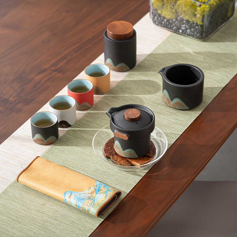 苏氏陶瓷(SUSHI CERAMICS)手绘釉画彩千里江山四色杯清风壶套装禅黑文创伴手礼套组