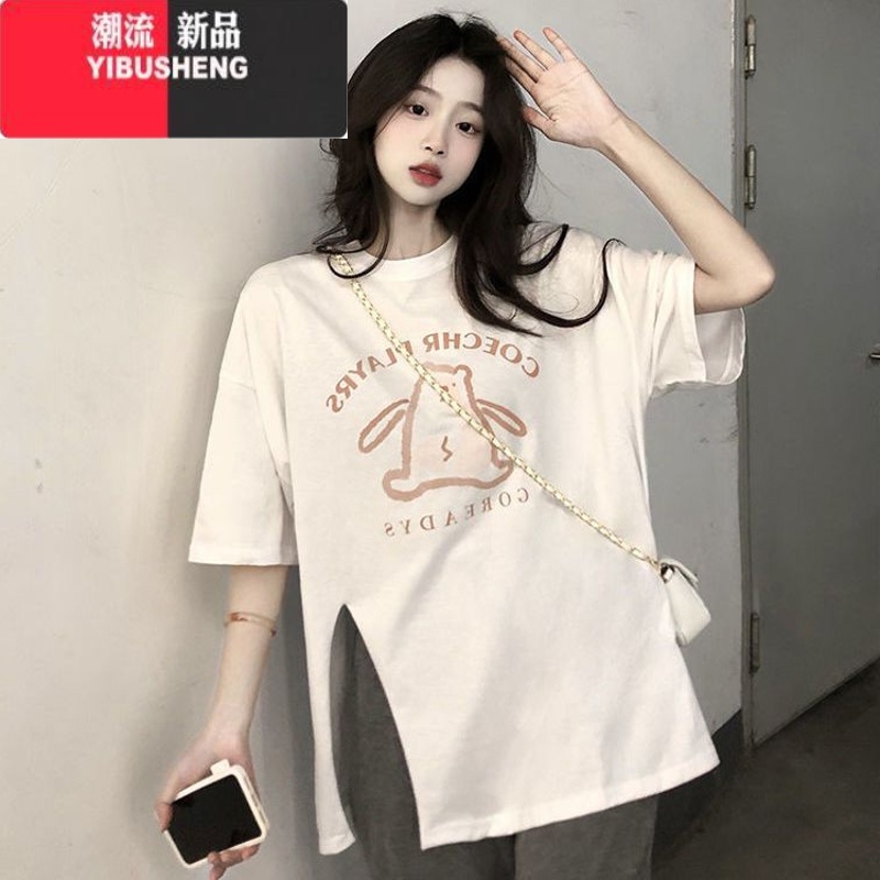 YIBUSHENG胖mm2-300斤美式复古小熊短袖t恤女oversize宽松别致开叉上衣恤高清大图