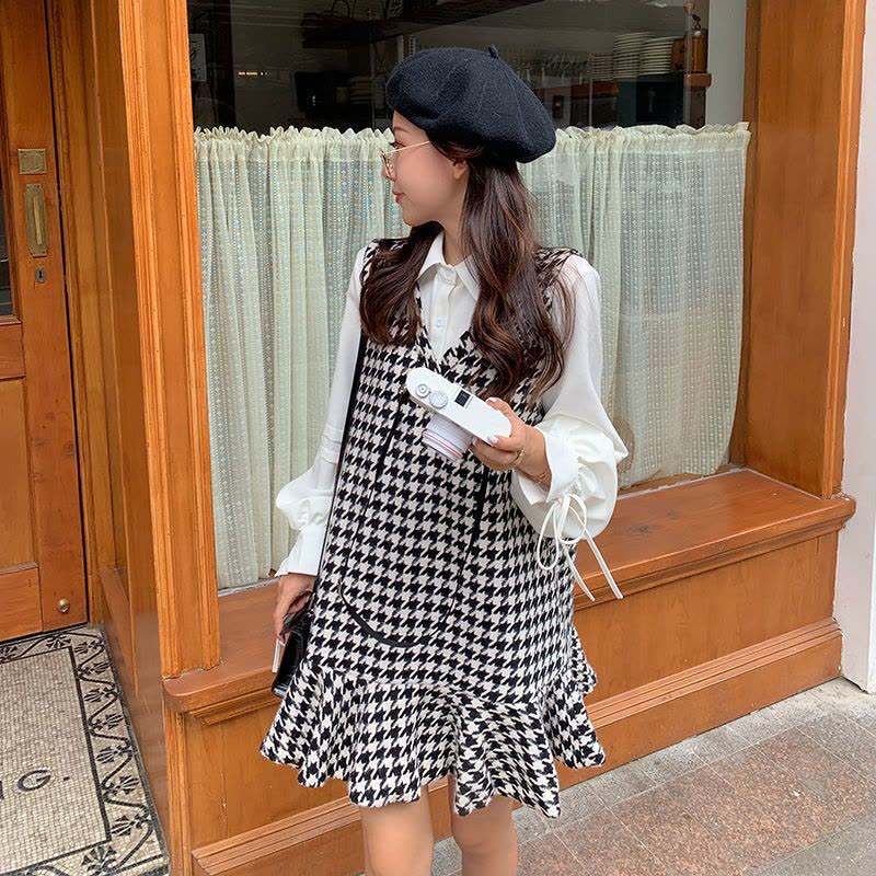 美动态大码女装2022春季千鸟格连衣裙套装小香风胖mm显瘦气质裙子图片