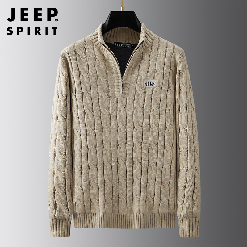 JEEP SPIRIT吉普男士针织衫加绒加厚保暖针织衫半拉链立领时尚毛衣秋冬套头衫外套高清大图