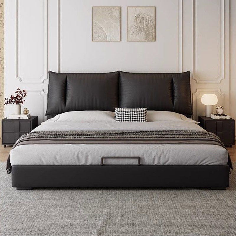 意式极简真皮床现代简约主卧室双人床家用小户型储物床软包大婚床高清大图
