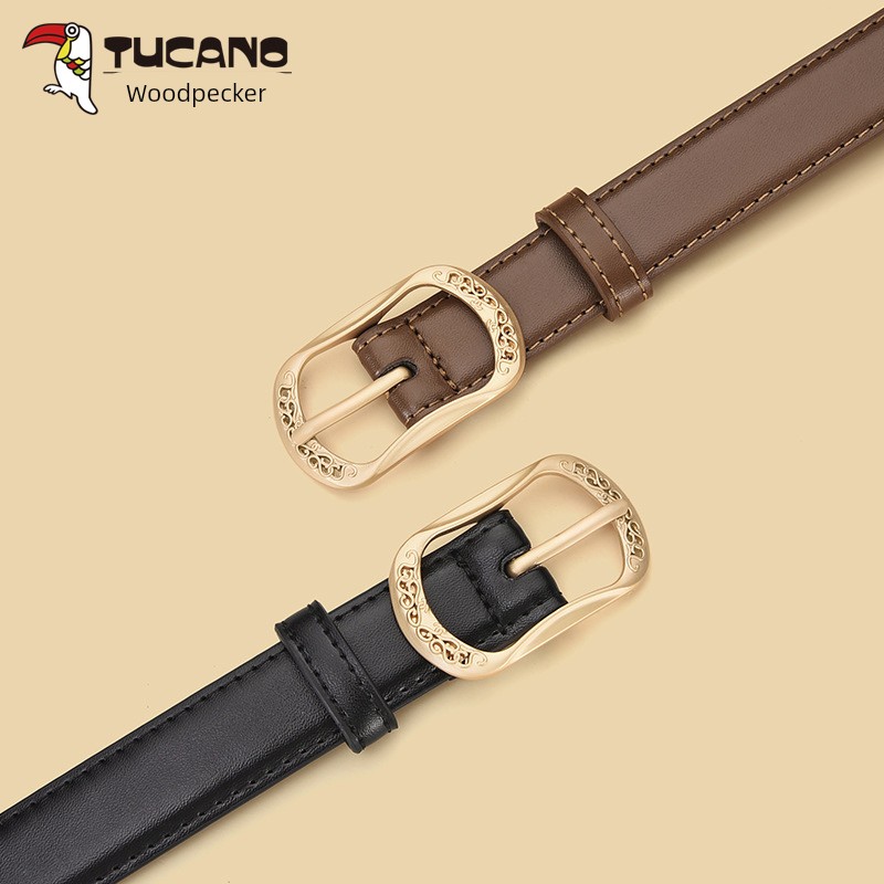 啄木鸟女士高端真皮腰带2025新款皮带休闲针扣牛仔裤裤带装饰女牛高清大图