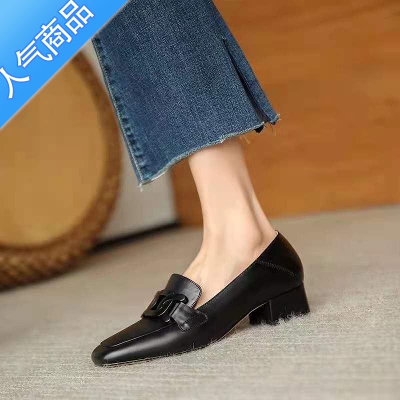 SUNTEK2023夏季新款休闲乐福鞋女一脚蹬英伦风金属扣方头小皮鞋中跟单鞋高清大图