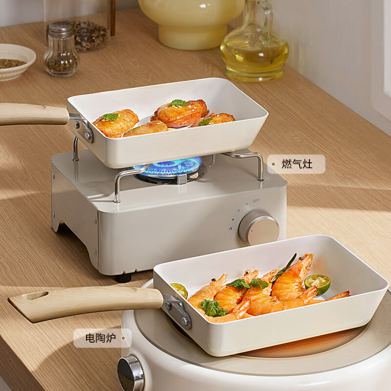 炊大皇 平底锅 不粘锅方形煎锅玉子烧18cm 煎饼煎蛋明火专用 白瓷BC18JG高清大图