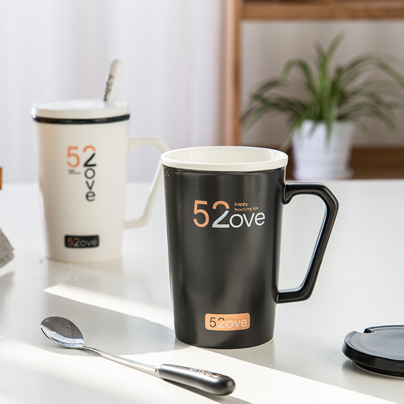 瓷魂 陶瓷带盖带勺子杯子简约咖啡杯大容量创意个性情侣水杯马克杯 52ove 长白套杯