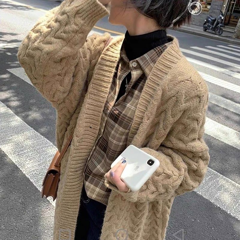 奴重磅加厚扭花长袖针织开衫女外套毛衣韩版宽松休闲慵懒外搭中长款