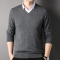 鄂尔多市纯山羊绒衫男衬衫领假两件套春秋薄毛衣男打底衫100%羊绒衫男t恤中年初秋爸爸装薄款衬衫领男士单穿衬衣 6171V领中灰 185/100