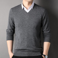 鄂尔多市纯山羊绒衫男衬衫领假两件套春秋薄毛衣男打底衫100%羊绒衫男t恤中年初秋爸爸装薄款衬衫领男士单穿衬衣 6171V领中灰 185/100