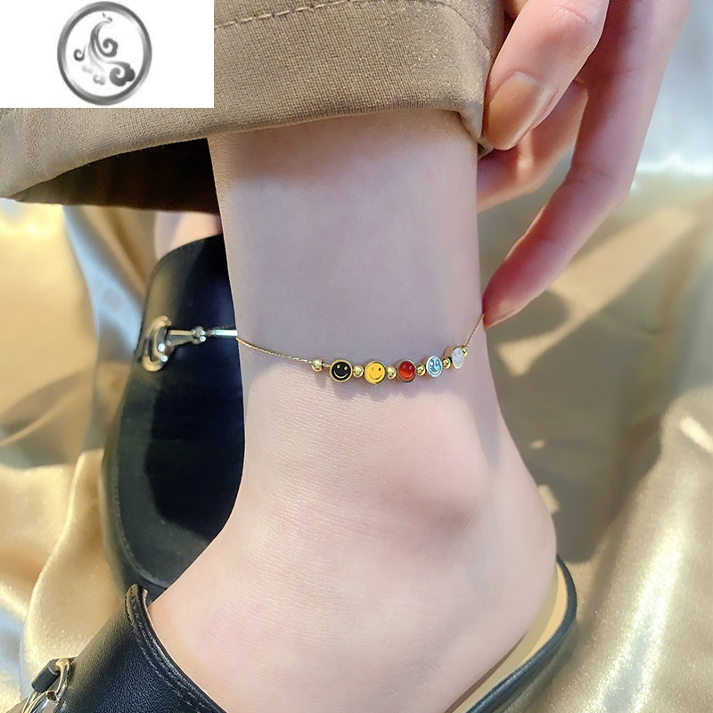 JiMi彩色笑脸脚链女2023新款潮金高级感足链夏性感加长钛钢不掉色