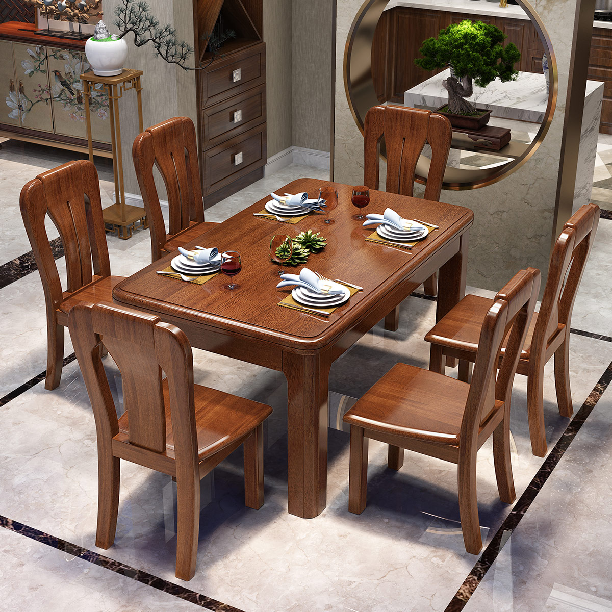 mu)金丝胡桃木加厚全实木餐桌椅组合6/8人中式简约长方形现代吃饭桌子