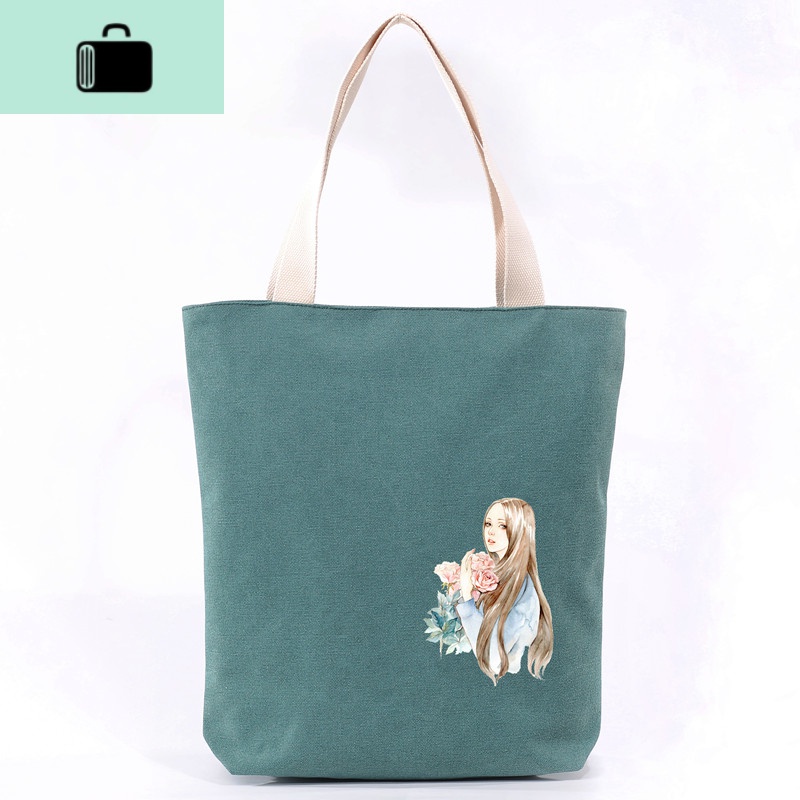 韩国简约帆布包女单肩手提包袋学生书包购物休闲包文艺布包百搭NEWLAKE 花墨绿守望