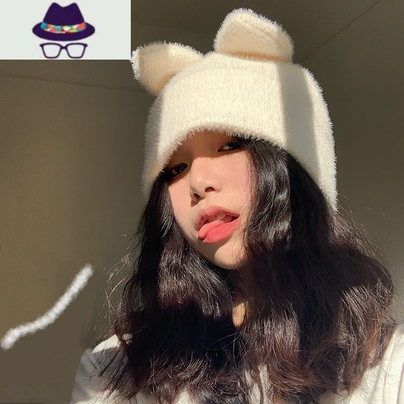 软fufu小奶兔兔耳朵针织帽毛线帽可爱甜美女孩毛茸茸冬季堆堆帽子