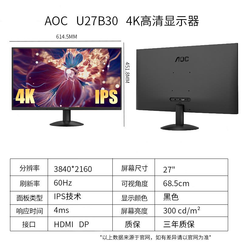 AOC U27B30 显示器27英寸4K IPS广色域10.7亿色数10bit低蓝光不闪HDR10台式电脑办公显示屏 台式电脑显示器图片
