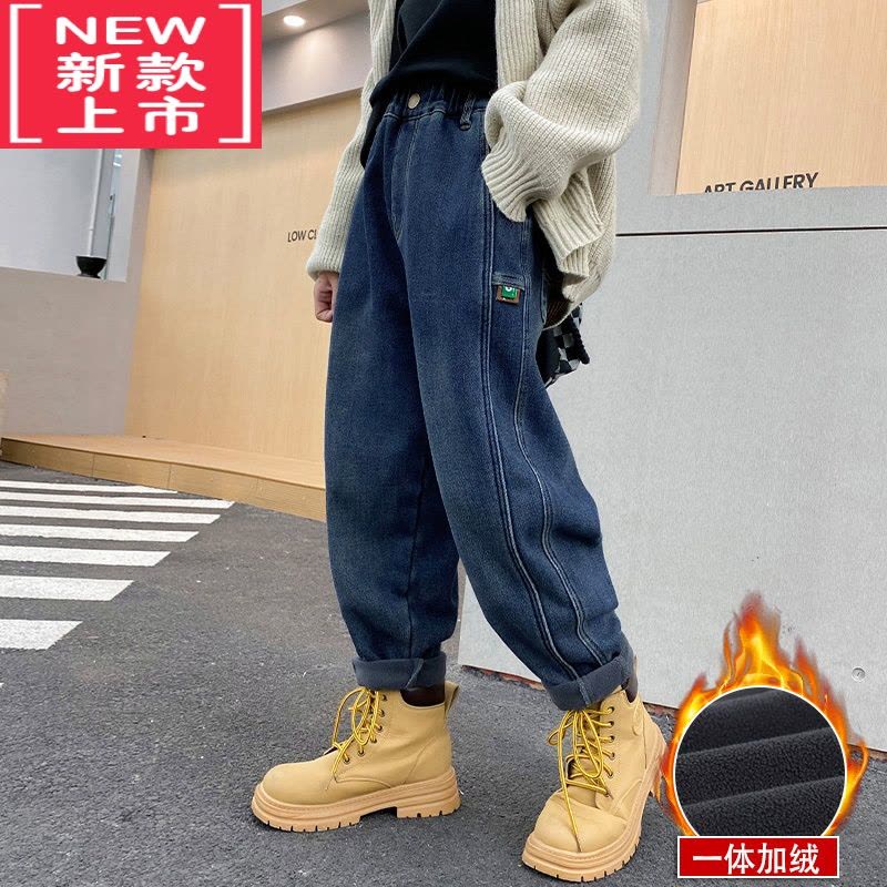 可莉允男童一体绒牛仔裤秋冬季2022新款儿童裤子中大童加绒保暖休闲长裤保暖裤图片