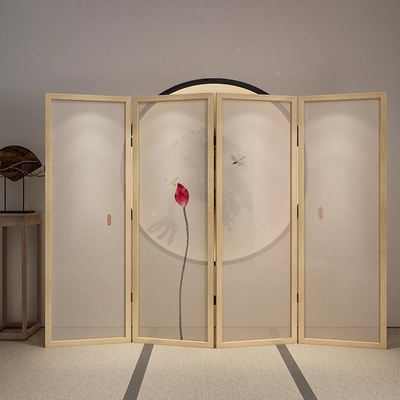 BONJEAN新中式屏风折屏折叠隔断装饰客厅卧室可移动素雅荷花进遮挡玄关高清大图