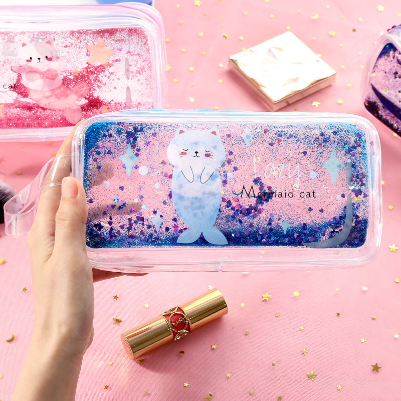 少女心流沙笔袋小学生女可爱简约网红樱花铅笔盒透明大容量文具袋