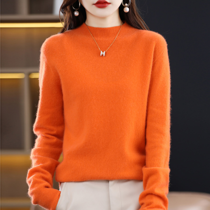 免费试穿鄂尔多市羊绒衫女加厚宽松短款2021年新款秋冬打底洋气高领毛衣针织上衣服打底衫秋 L(110-125斤) 爱玛橙