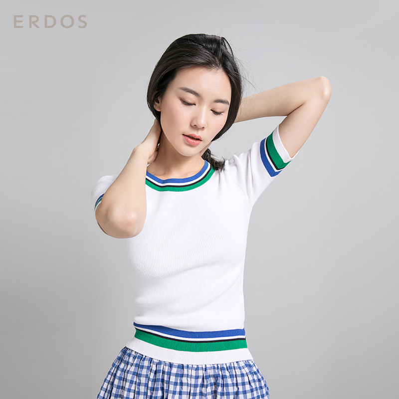 鄂尔多斯ERDOS 春夏女装撞色条纹圆领螺纹半袖纯棉针织衫女