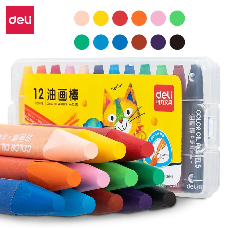 得力画笔小学生美术绘画涂色油画棒盒装带手提收纳水溶12色幼儿园安全无毒可水洗画画蜡笔72070油画笔彩绘棒