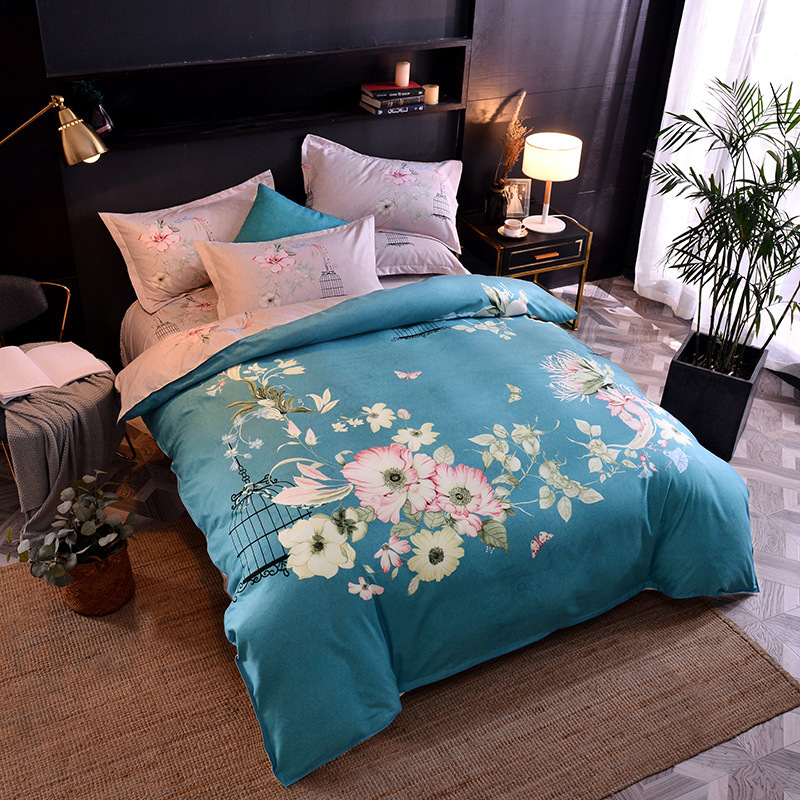 森朴斜纹加厚磨毛四件套简约大版花植物羊绒棉四件套