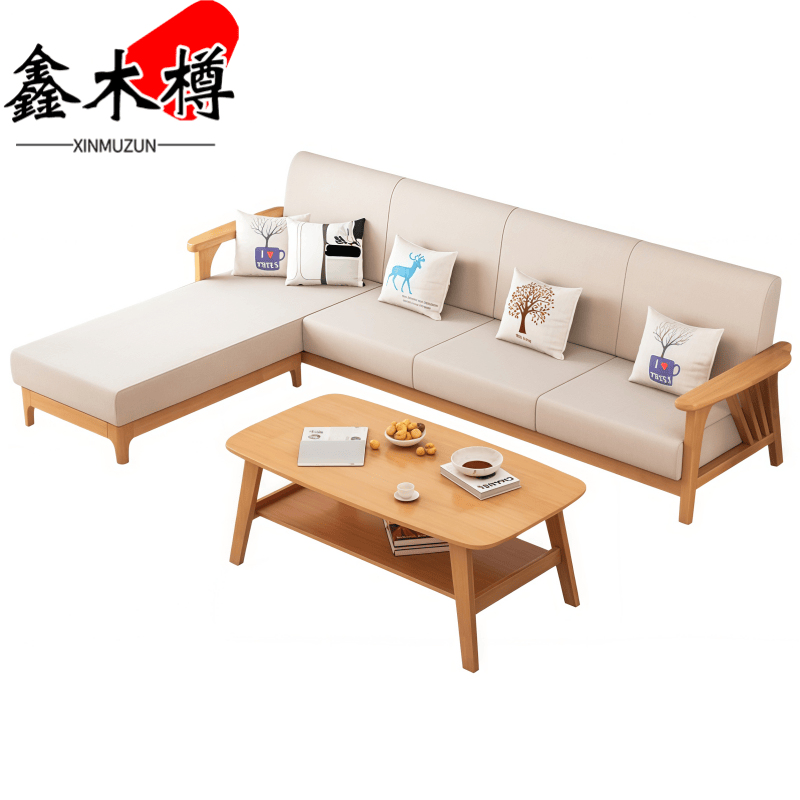 鑫木樽实木沙发四人位+脚踏+茶几套高清大图