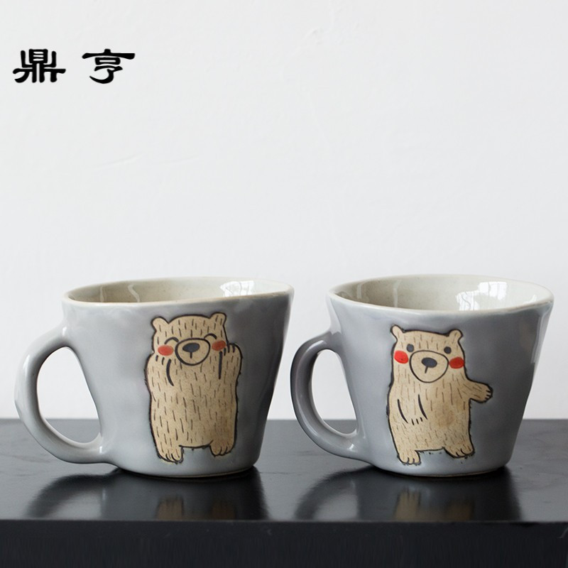 鼎亨日式文艺陶瓷杯子创意北极熊粗陶咖啡杯马克杯带勺卡通杯