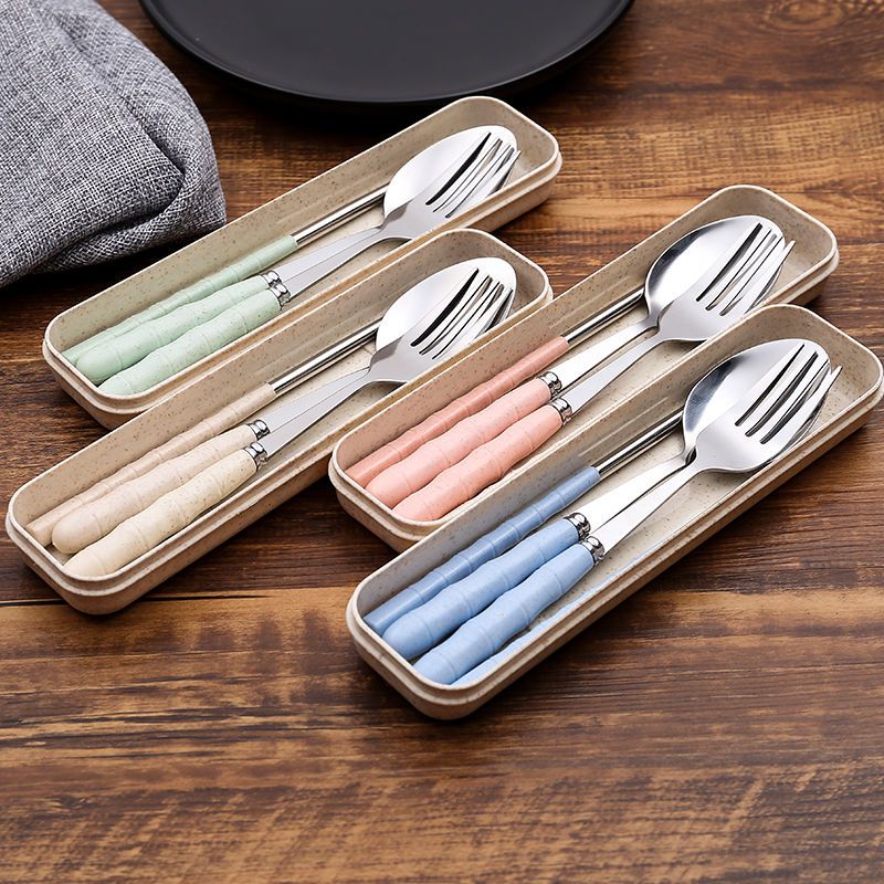 餐具套装加厚不锈钢便携餐具学生上班族便携易清洗餐具带盒餐具北欧蓝