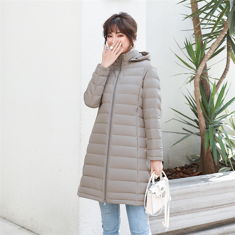 女式90绒女装连帽带帽无缝压胶羽绒服新款中长款大码外套 驼色 L