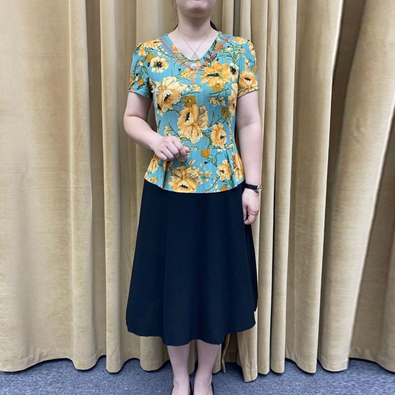 妈妈装夏季新款假两件连衣裙大码中老年女装洋气减龄显瘦连衣裙子 黄花 XL 建议90-105斤