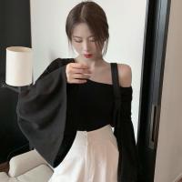 2021年新款喇叭袖露肩上衣黑色心机打底衫女性感斜肩长袖T恤春装 黑色 2XL