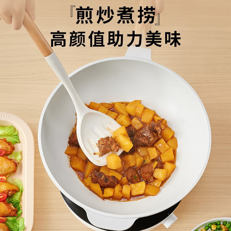 苏泊尔(SUPOR) 硅胶锅铲煎铲炒菜铲漏勺不粘锅平底煎锅铲子耐高温护锅铲木质手柄铲勺厨具 KT02AR10