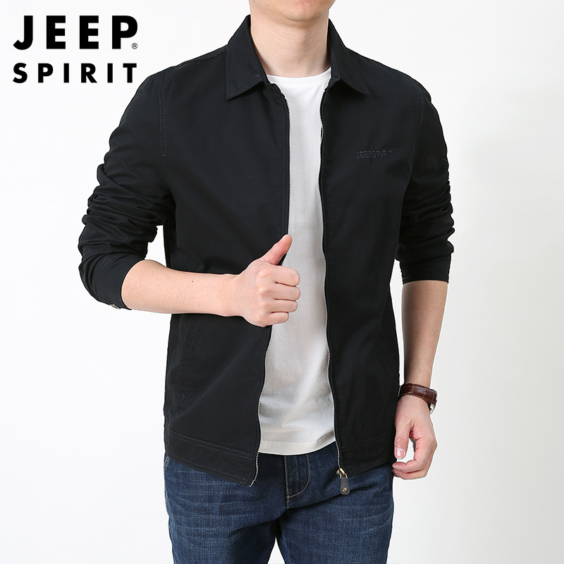 jeep spirit吉普男士夹克户外工装纯棉翻领外套春秋简约全棉开衫百搭