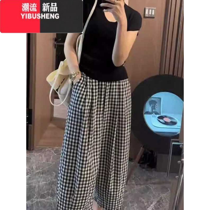 YIBUSHENG大码女时尚黑白格子休闲裤季胖mm梨形身材显瘦高腰直筒九分裤子