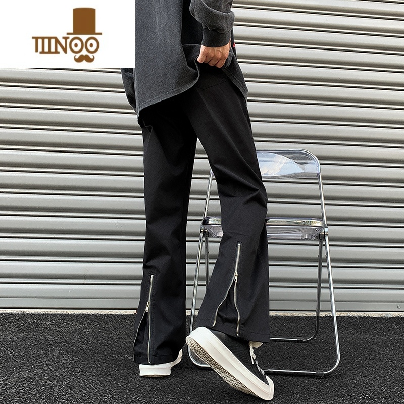 YANXU休闲裤男2023新款宽松设计感开叉直筒裤子高街vibe潮牌黑色长裤子高清大图