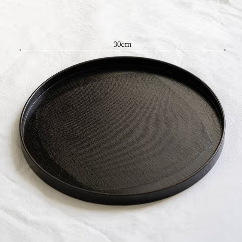 贴布漆器茶盘圆形黑色餐盘茶用茶具大漆托盘大号 黑圆盘大号 全黑 30cm
