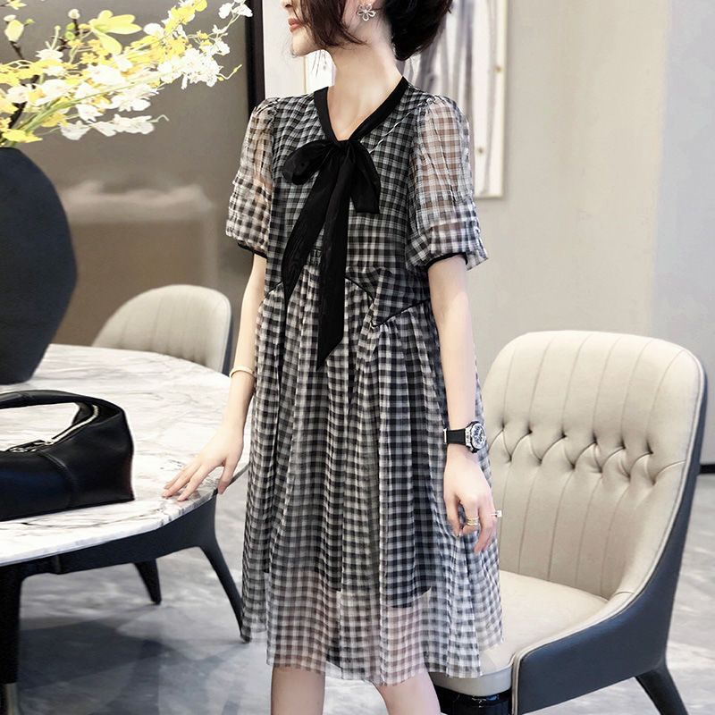 欧洲站女装蝴蝶结格子连衣裙女裙夏装2021新款韩版女神范衣服时尚