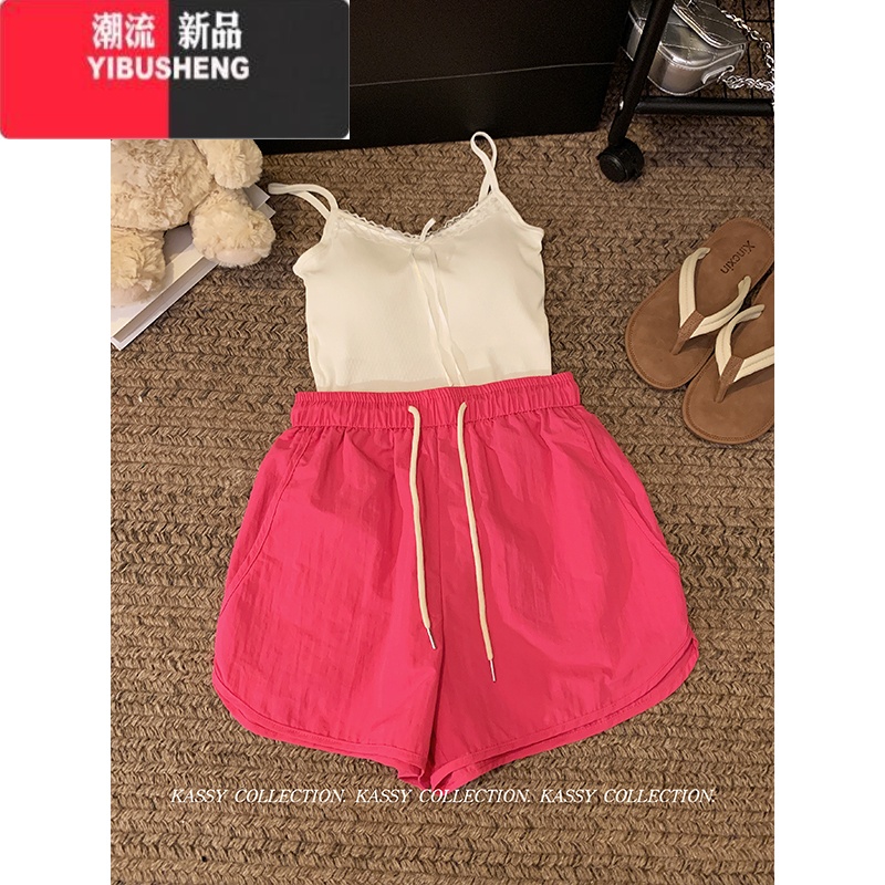 YIBUSHENG2024新款速干ins彩色多巴胺沙滩短裤季百搭宽松运动休闲裤女潮 玫红色 S
