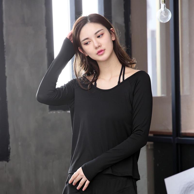 新款性感带瑜伽服长袖上衣 专业透气速干运动服修身弹力跑步健身服