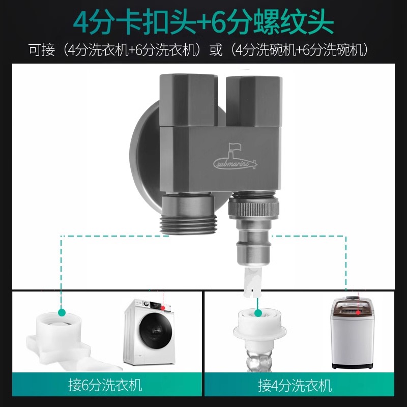潜水艇枪灰洗衣机水龙头全铜马桶喷枪分水器一进二出三通角阀龙头脱管止水防漏F408M 5【枪灰】（6分螺丝口+4分卡口）洗衣机