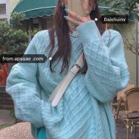 蓝色套头毛衣女大码宽松外穿秋冬季温柔风加厚保暖色针织上衣潮