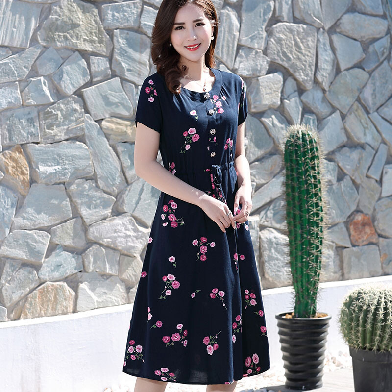 中老年棉绸连衣裙女夏装中长款大码妈妈装40-50岁老年人宽松裙子