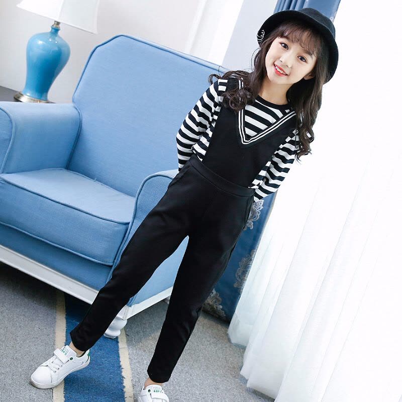 迪鲁奥（DILUAO)女童秋装套装女童秋装新款韩版中大童休闲条纹T恤背带裤两件套8岁B731-26 黑色图片