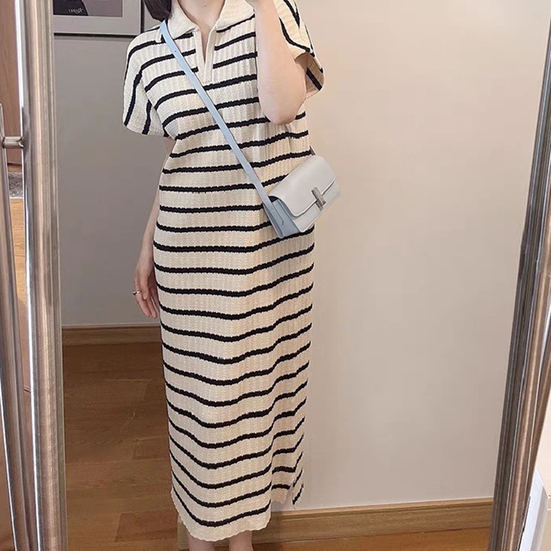 撞色条纹polo领连衣裙子夏季宽松法式翻领长裙小V领短袖T恤裙女装