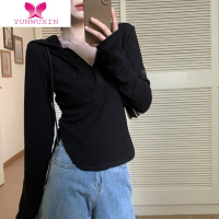 YUNWUXIN白色连帽t恤女早秋2022新款设计感小众修身显瘦鱼骨卫衣长袖上衣