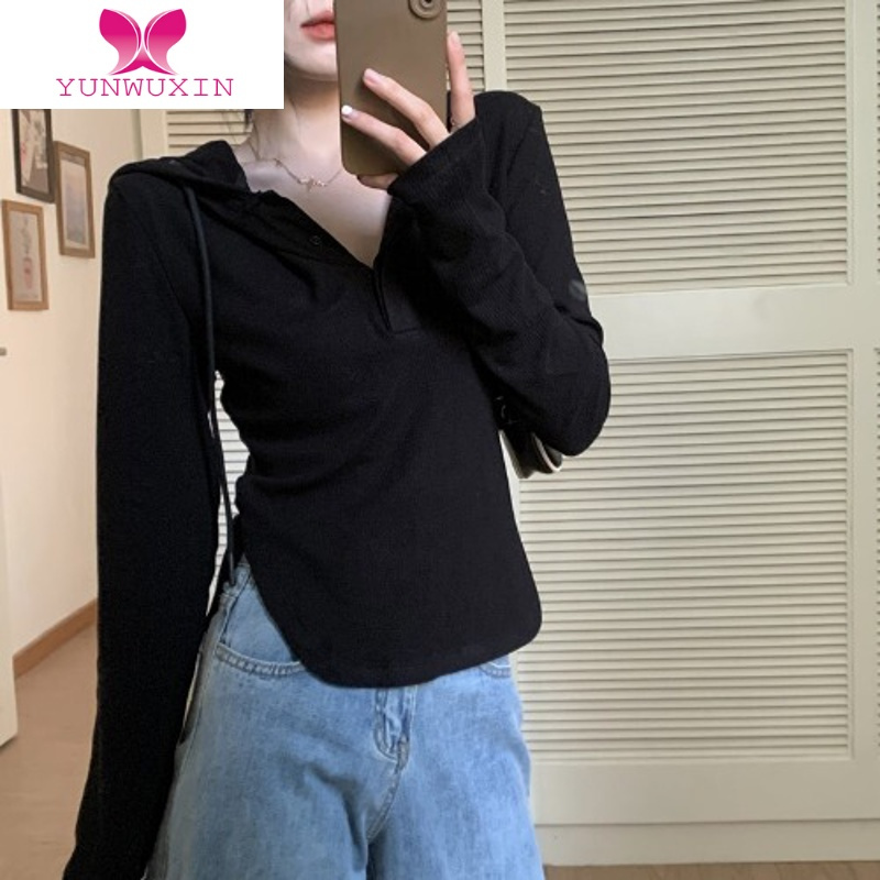 YUNWUXIN白色连帽t恤女早秋2022新款设计感小众修身显瘦鱼骨卫衣长袖上衣