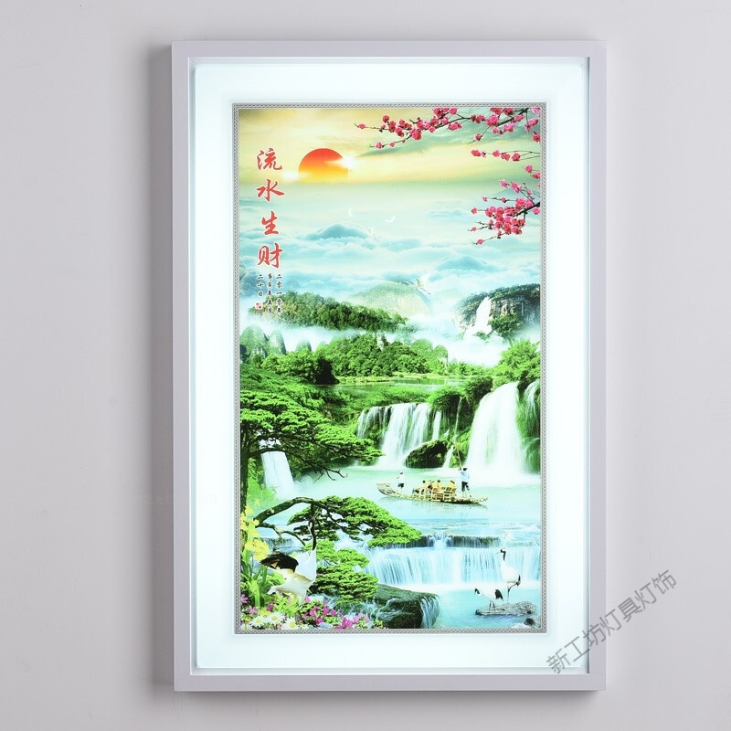 苏宁放心购 壁灯led 壁画灯 现代新中式带画壁灯客厅卧室走廊过道创意画灯 超薄 浅灰色中号流水生财